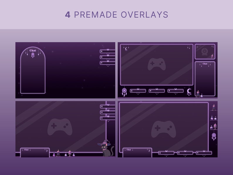 May include: Four purple and white Twitch stream overlays with a purple background and neon purple outlines. The overlays feature a game controller, a chat box, a webcam, and a dreamcatcher. The text "4 PREMADE OVERLAYS" is at the top of the image.