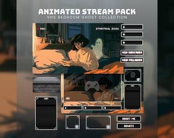 paquete de transmisión de anime de Halloween fantasma animado retro superposición de Twitch VHS Stinger superposición de transmisión de Halloween OBS fantasma pantallas de transmisión animadas retro