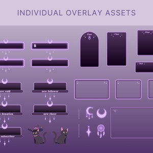 May include: A set of purple and white overlay assets for Twitch or YouTube streaming. The assets include chat boxes, donation alerts, raid alerts, follower alerts, cheer alerts, and subscriber alerts. The assets are designed with a crescent moon and star theme.
