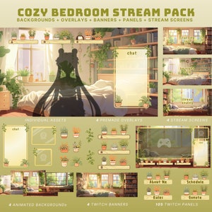 animated bedroom twitch overlay summer vtuber background cozy bedroom overlay cozy twitch banner green stream package cozy stream screen
