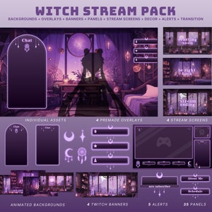 sobreposição de fluxo roxo animado fundo vtuber bruxa sobreposição de twitch bruxa vtuber ativo banner twitch roxo pacote de fluxo roxo animado