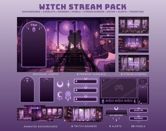 purple stream overlay animated vtuber background witch twitch overlay witch vtuber asset purple twitch banner purple stream package animated
