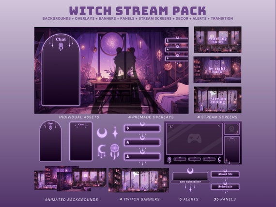 purple stream overlay animated vtuber background witch twitch overlay witch vtuber asset purple twitch banner purple stream package animated