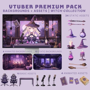 May include: A digital illustration set for virtual YouTubers featuring a witch theme. The set includes 34 static assets, 4 animated backgrounds, 10 static backgrounds, 10 basic assets, and 4 animated assets. The assets include a witch hat, a wand, a potion bottle, a candle, a broom, a gaming chair, a desk, a microphone, a book, and more.