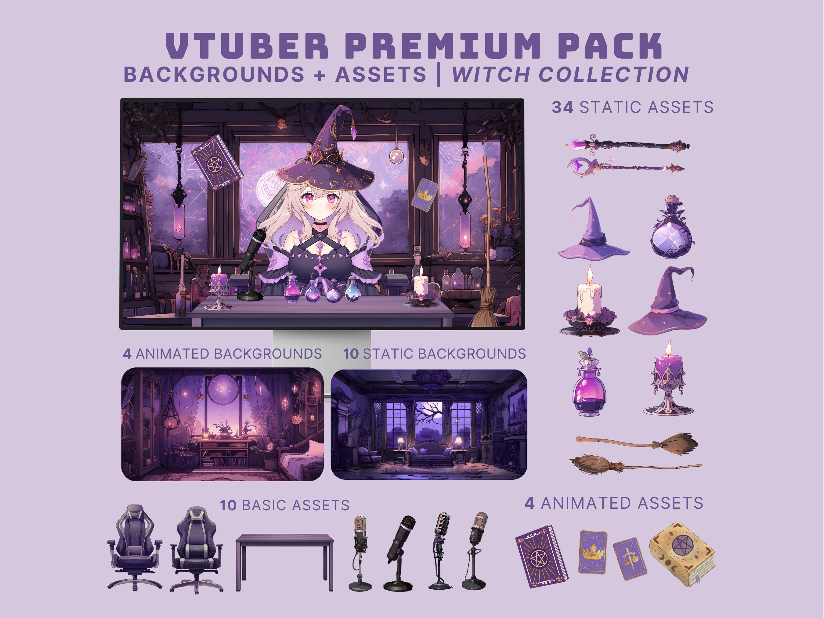 vtuber witch asset purple twitch overlay animated purple background vtuber witch hat purple witch overlay stream background purple witch