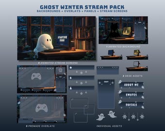 Könnte beinhalten: Ein digitales Kunstpaket namens "Ghost Winter Stream Pack" mit Hintergründen, Overlays, Panels und Stream-Bildschirmen. Das Paket enthält animierte Hintergründe, Schreibtisch-Assets, vorgefertigte Overlays und einzelne Assets. Das Farbschema ist blau und weiß.