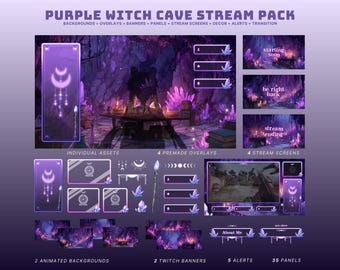 purple vtuber stream package cave twitch pack animated witch stream overlay for streamers halloween twitch pack purple twitch overlay witch