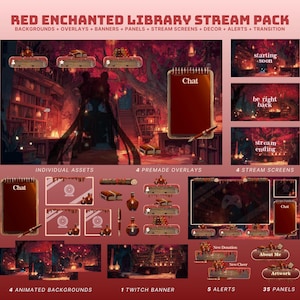 以下が含まれることがあります： 「Red Enchanted Library Stream Pack」というデジタルアートパック。背景、オーバーレイ、パネル、アラートが含まれています。アニメーション背景、Twitchバナー、ストリームスクリーンが含まれています。カラーパレットは主に赤と茶色です。