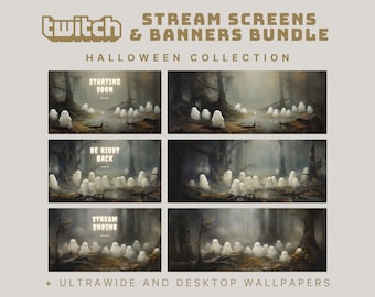 Könnte beinhalten: Ein Set Twitch-Stream-Bildschirme und Banner mit Halloween-Thema. Die Bildschirme zeigen einen nebelverhangenen Wald mit einer Reihe süßer Geister. Der Text auf den Bildschirmen lautet "Bald los", "Bin gleich wieder da" und "Stream endet".