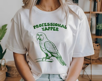 Professional Yapper Crewneck- talking green parrot tee, funny yapping bird tshirt, casual pyjama graphic top, relatable yap clothing womens