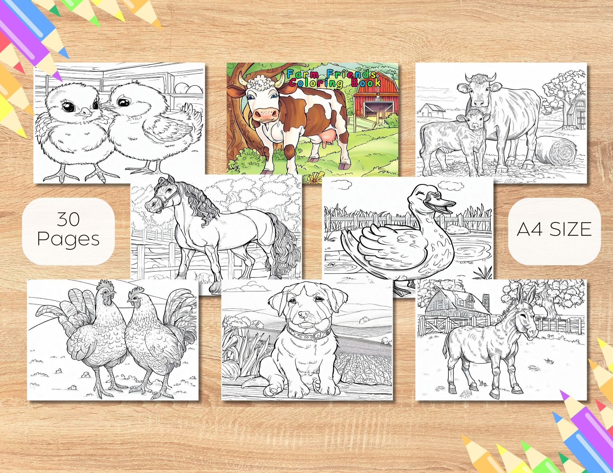 Bauernhof Freunde Tiere | Kinder Malbuch | PDF Printable eBook herunterladen | Kinderaktivitäten