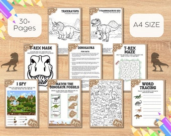 Pagine da colorare sui dinosauri / Libro da colorare e di attività per bambini / eBook / Pagine stampabili in PDF / Download / Oltre 30 pagine / Libro per bambini