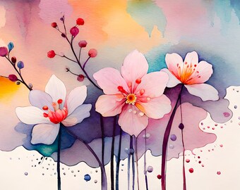 Watercolor splash effect flowers, Ai art