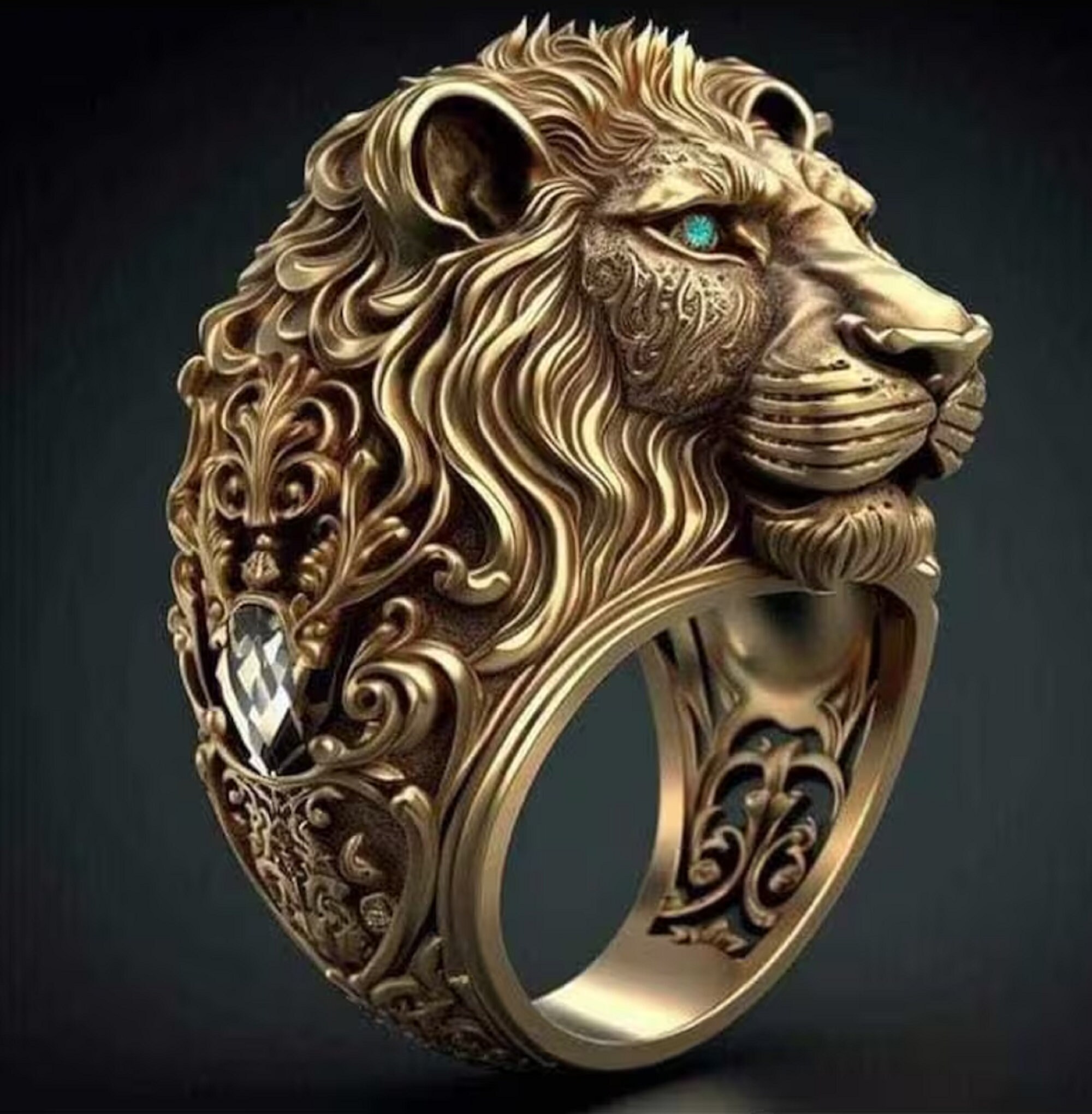 14k Gold Over Lion Ring, Men's Lion Ring, 3D Lion Head Men Ring