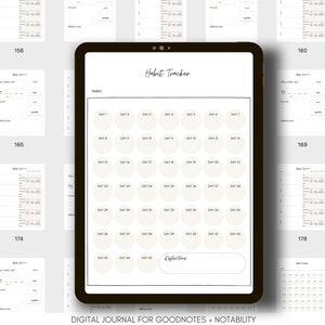 May include: A digital planner page with a habit tracker. The tracker has 42 circles for each day of the month. The page is titled "Habit Tracker" and has a section for reflections at the bottom.
