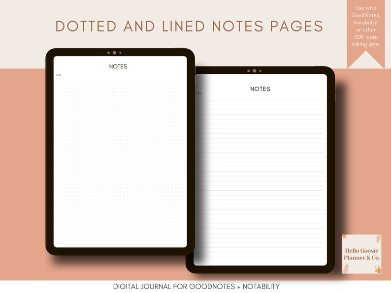 May include: Two digital note pages, one with dotted lines and one with lined paper. Both pages have the word "NOTES" at the top. The pages are designed for use with note-taking apps like GoodNotes and Notability.