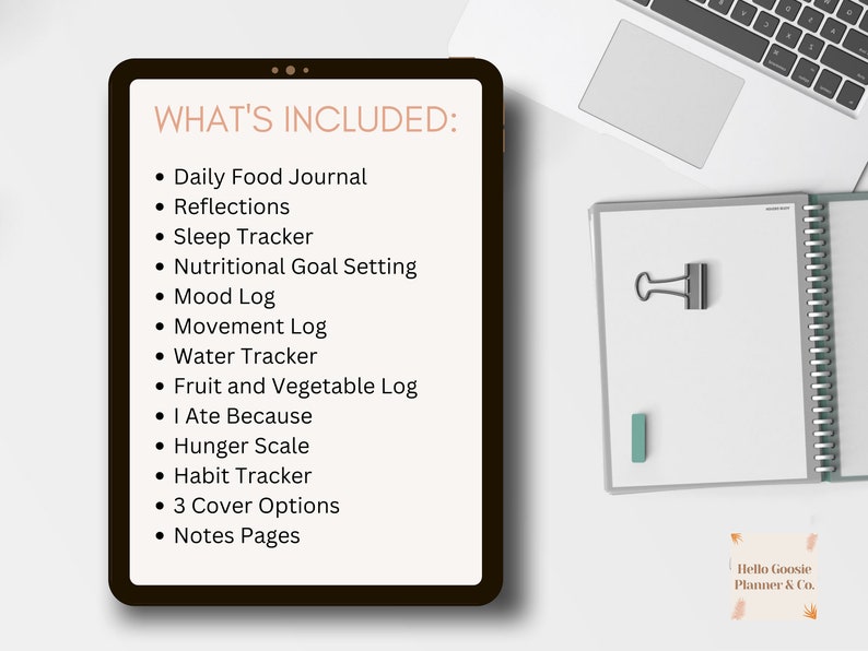 May include: A digital tablet screen displaying a list of features included in a planner. The list includes "Daily Food Journal", "Reflections", "Sleep Tracker", "Nutritional Goal Setting", "Mood Log", "Movement Log", "Water Tracker", "Fruit and Vegetable Log", "I Ate Because", "Hunger Scale", "Habit Tracker", "3 Cover Options", and "Notes Pages".