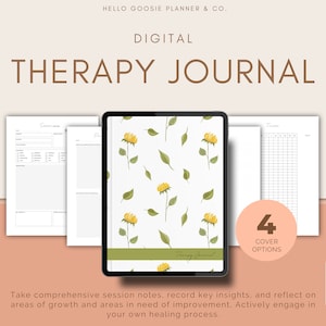 Può includere: Diario di terapia digitale con un design floreale sulla copertina. Il diario è visualizzato su un tablet, con pagine aggiuntive che mostrano note di sessione e un tracker. Il testo sulla copertina recita "Therapy Journal". L'immagine include anche il testo "4 Cover Options".
