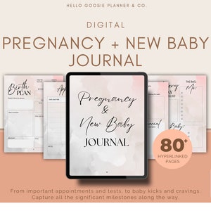 May include: Digital pregnancy and new baby journal with a pink and gray watercolor background. The journal includes 80+ hyperlinked pages and features sections for birth plan, appointments, and baby milestones.