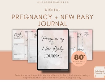 May include: Digital pregnancy and new baby journal with a pink and gray watercolor background. The journal includes 80+ hyperlinked pages and features sections for birth plan, appointments, and baby milestones.