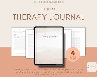 Könnte beinhalten: Digitales Therapie-Tagebuch mit vier Cover-Optionen. Das Tagebuch enthält Abschnitte für Sitzungsnotizen, wichtige Erkenntnisse und Reflexionen über Bereiche des Wachstums und der Verbesserung. Das Tagebuch soll den Nutzern helfen, sich aktiv in ihren eigenen Heilungsprozess einzubringen.