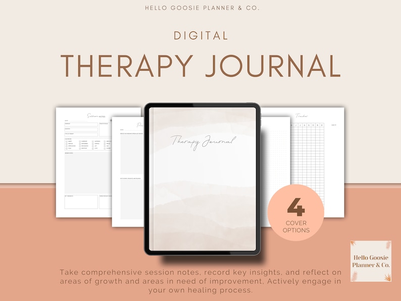 May include: Digital therapy journal with four cover options. The journal includes sections for session notes, key insights, and reflection on areas of growth and improvement. The journal is designed to help users actively engage in their own healing process.