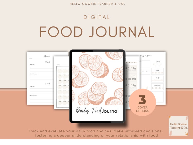 May include: Digital food journal with three cover options. The cover features a pattern of orange slices on a white background. The text "Daily Food Journal" is in a brown font.
