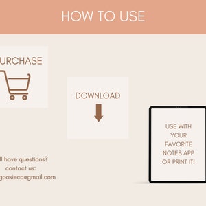 May include: A digital illustration showing how to use a digital product. The illustration shows a shopping cart icon, a download arrow, and a tablet screen with the text "USE WITH YOUR FAVORITE NOTES APP OR PRINT IT!"