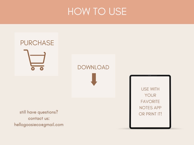 May include: A digital illustration showing how to use a digital product. The illustration shows a shopping cart icon, a download arrow, and a tablet screen with the text "USE WITH YOUR FAVORITE NOTES APP OR PRINT IT!"