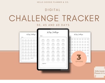 May include: Digital challenge tracker with options for 30, 45, and 60 days. The image shows a tablet displaying a 30-day challenge layout, with two additional challenge layouts. The text "3 OPTIONS" is in a circle. The background is a light peach colour.