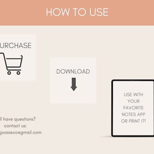 May include: A digital illustration showing how to use a digital product. The illustration shows a shopping cart, a download arrow, and a tablet screen with the text "USE WITH YOUR FAVORITE NOTES APP OR PRINT IT!"