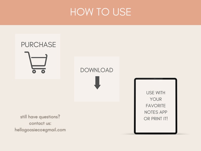 May include: A digital illustration showing how to use a digital product. The illustration shows a shopping cart, a download arrow, and a tablet screen with the text "USE WITH YOUR FAVORITE NOTES APP OR PRINT IT!"