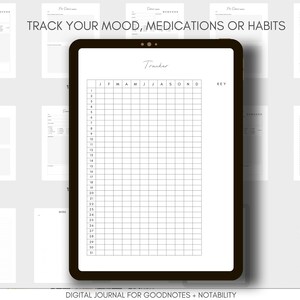 May include: A black and white digital planner page with a grid for tracking moods, medications, or habits. The page is labeled "Tracker" and includes a key. The page is designed for use with Goodnotes and Notability.