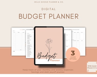 May include: Digital budget planner with a floral design on a tablet screen. The text "Budget Planner" is displayed. The image includes three cover options and the text "Keep track of your monthly and weekly expenses. Savings and debt payoff planner."