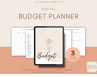 May include: Digital budget planner with a floral design on a tablet screen, accompanied by two open planner pages. The text reads "Digital Budget Planner" and "Budget Planner". Includes the text "Keep track of your monthly and weekly expenses."