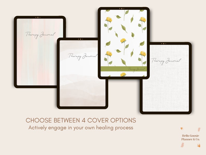 May include: Four digital tablet screen mockups displaying different cover options for a therapy journal. The covers feature a watercolor background, a sunflower pattern, a subtle watercolor background, and a linen texture. The text "Therapy Journal" appears on each cover.