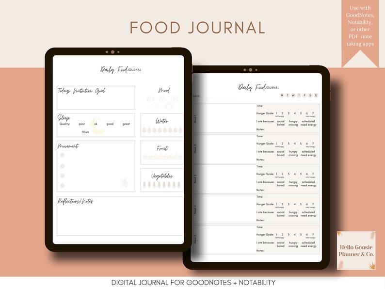 May include: A digital food journal template for GoodNotes and Notability apps. The template features a daily food log, a hunger scale, and sections for tracking sleep, water intake, movement, and reflections. The template is designed with a minimalist aesthetic and features a light brown background with white text.