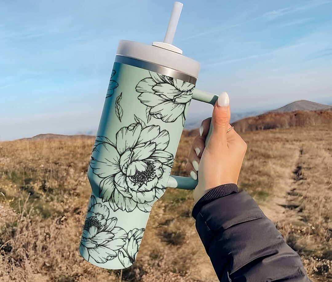 Peony Floral Tumbler 40oz With Handle, Peony Flowers 40oz Tumbler, Boho Floral 40oz Stainless Steel Tumbler With Lid n Straw, Insulated Cup