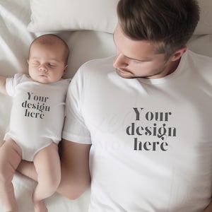 Daddy and Me White T-Shirt Mockup Models / Father baby Shirt / Daddy Bella Canvas 3001 / Dad Baby TShirt Mock up / Baby Onesie mockup