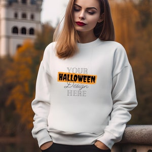 White Gildan 18000 Halloween Sweatshirt Mockup, White Mockup, Model Mockup, Fall Mockup, Halloween Mockup, White Sweatshirt Mock