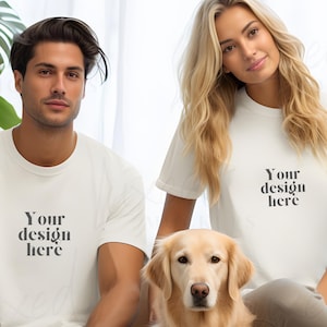 Bella Canvas 3001 Mockup White dog couple, Unisex T-shirt Mock Up, T-Shirt Mockup, Flat Lay T-shirt Mock up, Tshirt Mockup