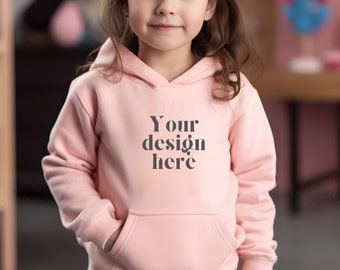 Gildan Pullover Hooded Mockup | Kid Pink Birthday Hoodie Sweatshirt Mockup Model | Youth Mockup Model | Gildan 18500 Mockup Digital Download