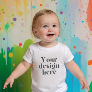 Cute Toddler T-Shirt Mockup Baby, RABBIT SKINS 3322 White Mockup Model, Blank White T-Shirt Cute Toddler baby Model, neutral background