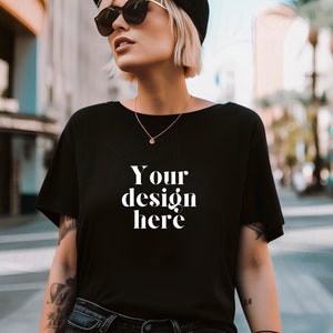 Black bella canvas 3001 trendy model mockup, bella canvas 3001 black T-shirt mockup, BC 3001 black T-shirt mockup, black t shirt mock