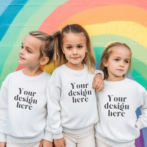 Trio Kids White Sweatshirt Mockup, Gildan 18000b White Mockup, Kids Sweater Mockup, Toddler Model Mockup G185B, White Sweatshirt Mockup