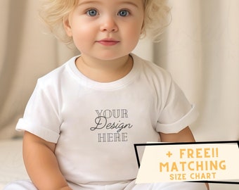 Adorable Toddler T-Shirt Mockup Baby, RABBIT SKINS 3322 White Mockup Model, Blank White T-Shirt Cute, Toddler baby Model, Free size chart