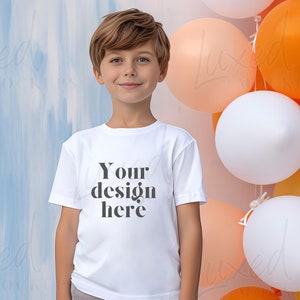 Kids Birthday white Shirt Mockup, White Childrens T-Shirt Mock, Boys Bella Canvas 3001Y Mockup, White Bella Canvas 3001T, Trendy Kids Tshirt
