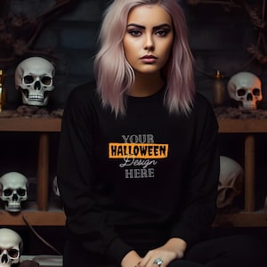 Black Gildan 18000 Halloween Sweatshirt Mockup, Black Halloween Mockup, Model Mockup, Fall Mockup, Halloween Mockup, Black Sweatshirt Mock