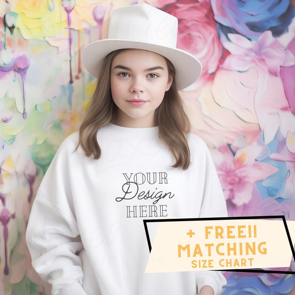 Kids White Sweatshirt Mockup | Gildan 18000b White Mockup | KIDS crewneck Sweater Mockup | Girls Model Mockup | Girls sweater Mockup