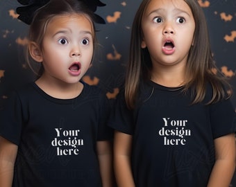 Siblings Halloween T-Shirt Mockup | Childs double Black Shirt Mock up | Baby Tee | Toddler Graphic T-Shirt | Bella Canvas | Kids POD Mock